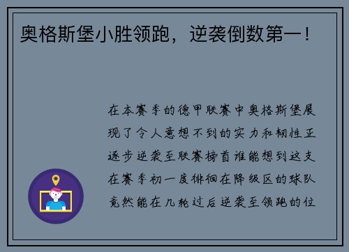 奥格斯堡小胜领跑，逆袭倒数第一！